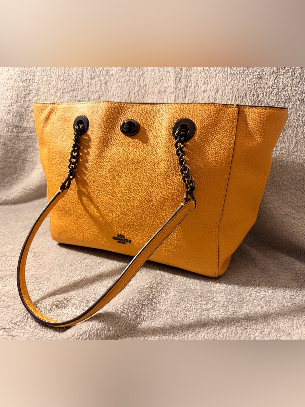 Coach Turnlock Mustard Yellow Leather Chain Tote No. 27 w/ Gunmetal Hardware - Picture 3 of 15